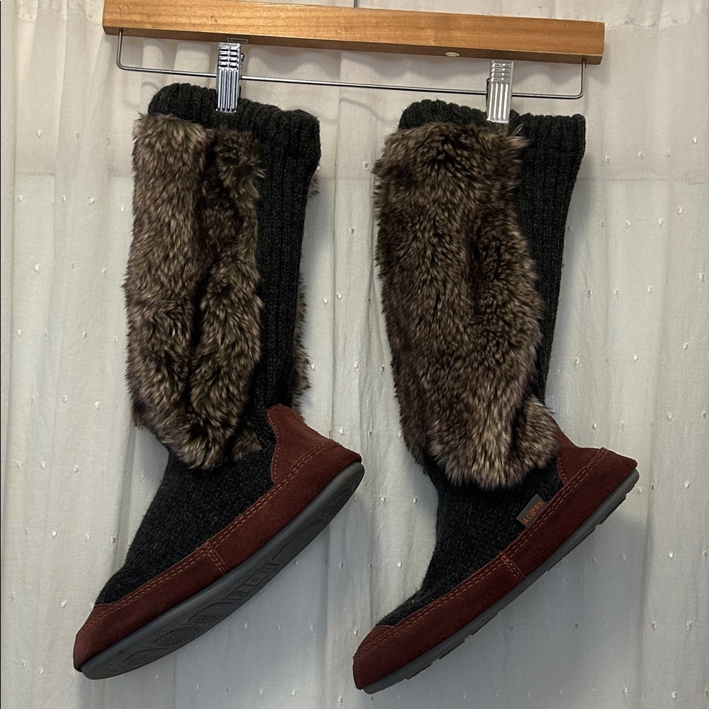 Acorn Slouch Boot/Slipper Women’s 5-6 Black/Brown Faux Fur Trim Loungewear